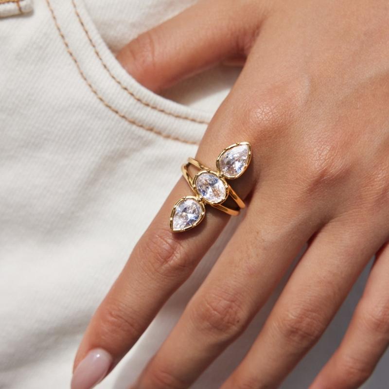 Open Wrap Zircon Ring for Women, Adjustable Stainless Steel Three Stone Statement Ring for Date Night, Daily Wear, and Everyday Outfits