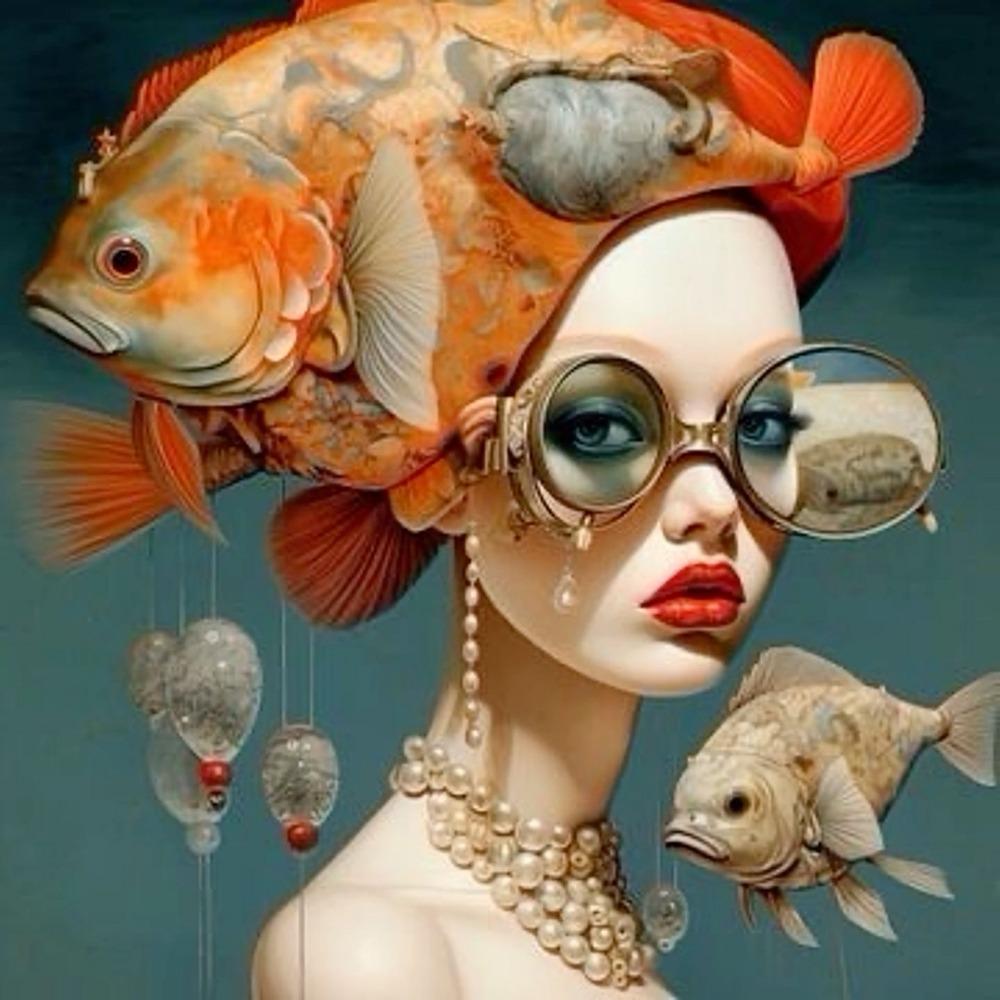 Surrealist Female Portrait Oil On Canvas Wall Art Fantastic Fantasy Fish and Girl Poster Printed Living Room Home Decor