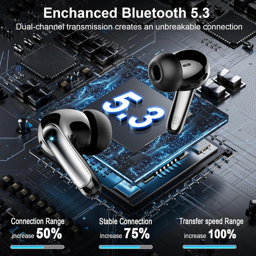 Wireless Earbuds Bluetooth 5.3 Headphones 48H Stereo Earphones in Ear with 4 ENC Mic Clear Calls, Noise Cancelling Ear Buds with LED Display Charging