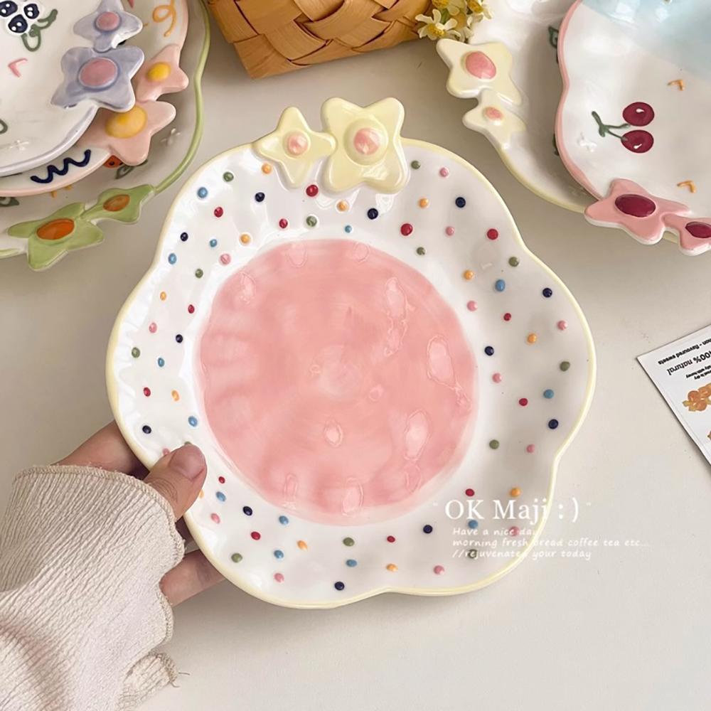 Hand-Painted Ceramic Plates Cute Floral Rainbow Relief Dish Set Household Kitchen Dining Tableware Breakfast Salad Pasta Plates