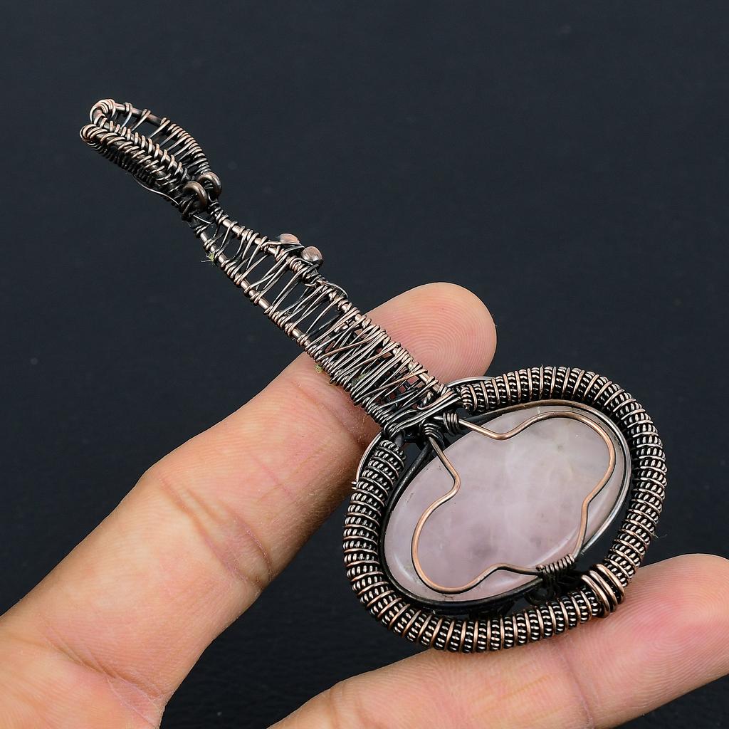 Rose Quartz Handmade Copper Wire Wrap Guitar Pendant 3.1 v4v70