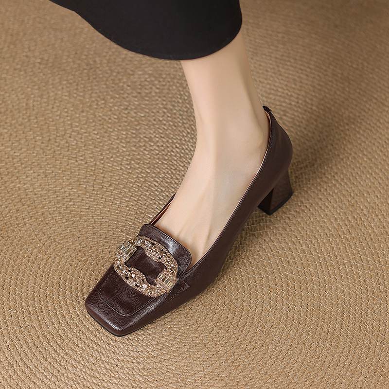 Krazing Pot Vintage Full Grain Leather Summer Autumn Thick High Heels Party Shoes Women Square Toe Leopard Prints Pumps