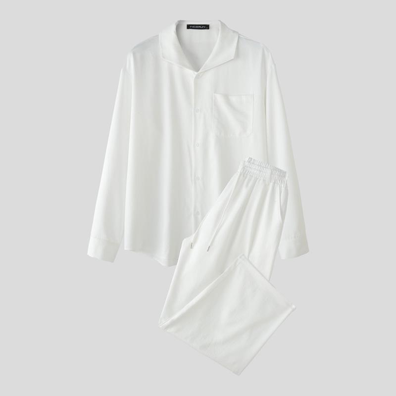 INCERUN 2PCS Men Lapel Neck Long Sleeve Shirts and Elastic Waist Pants Sets Suits