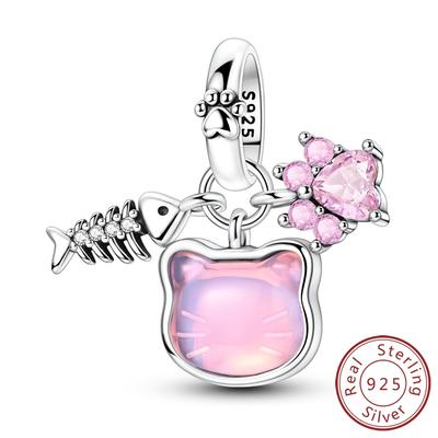 Copper Cat Paw Print Fishbone Charms Bead Zirconium Dangle Pendant Fit Original Bracelet Women Jewelry Gift