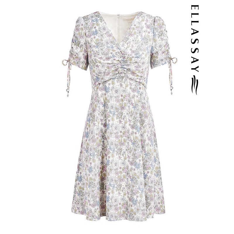 ELLASSAY French Floral Ruched A-Line Midi Dress