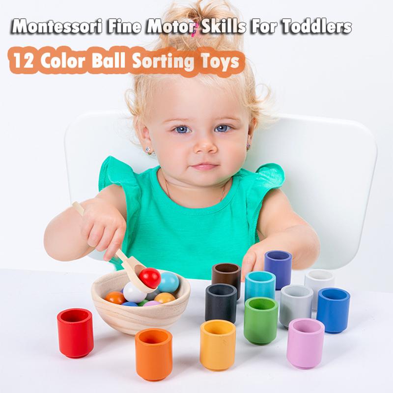 Baby Montessori Wooden Toy Rainbow Ball And Cups Color Sorting Games Fine Motor Early Education Learning Toys Gifts For Children