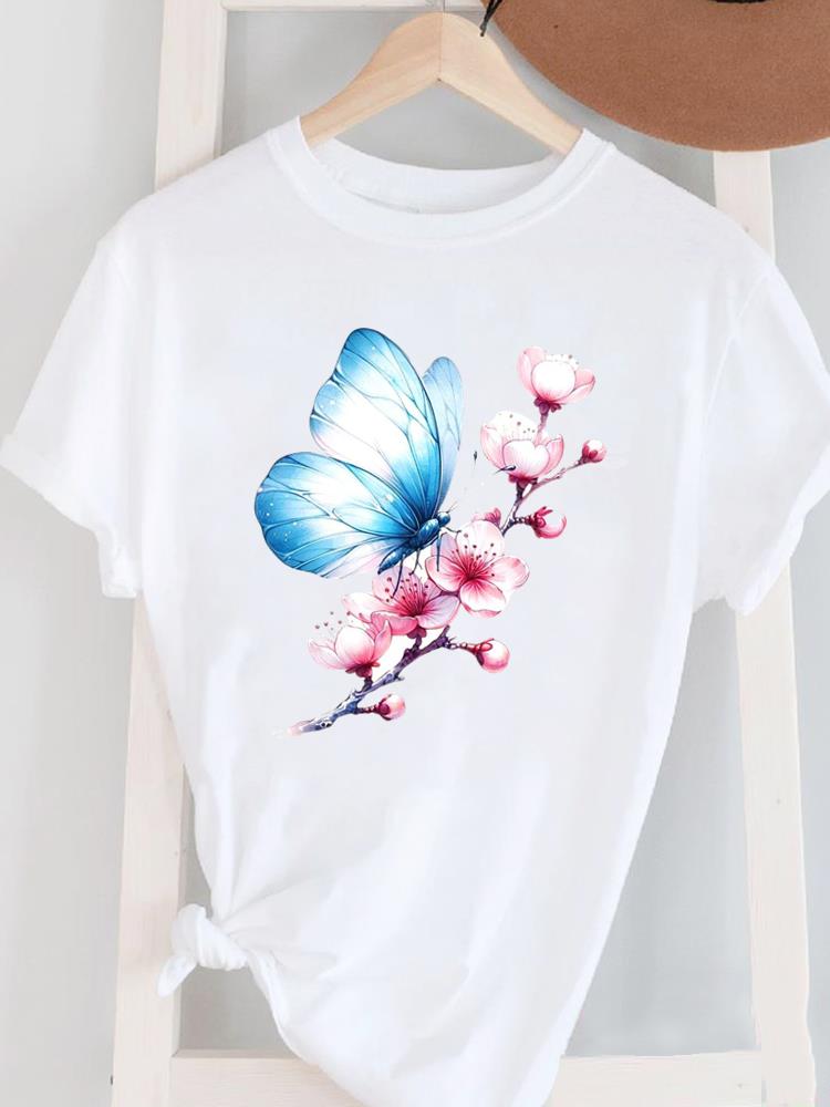 (Asian Size) Short Sleeve Women's Top T Female Print  Fashion ladies O-neck Casual trend lovely flower cute Clothing  Graphic Tee T-shirts