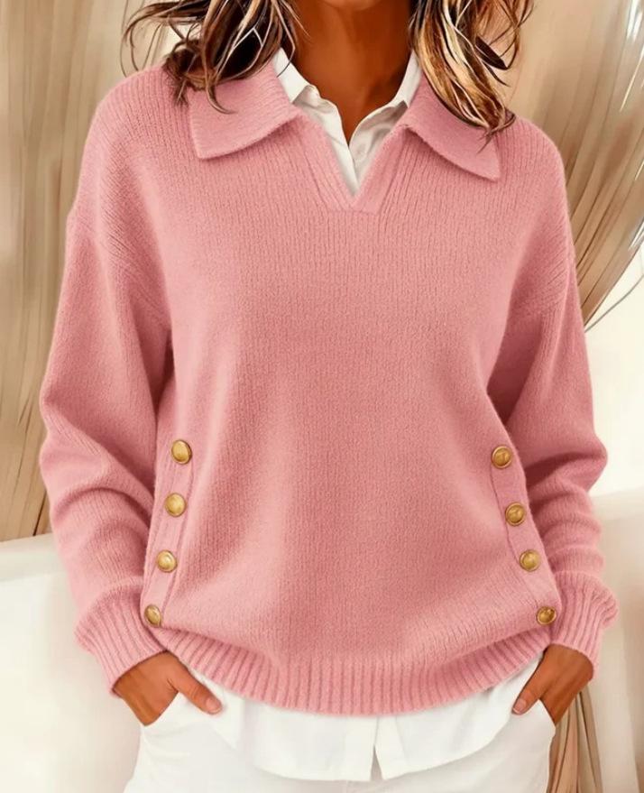 2025 Women's Loose Fit Long Sleeve Casual Lapel Pullover Sweater