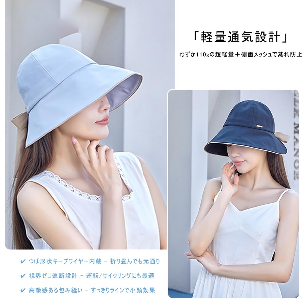 Sun Protection UV Bucket Breathable Slimming Bow Tie Adjustable Lightweight Size [Kryoza] Women's Hat, 50+, Hat, Mesh, Effect, Ribbon, Elastic,