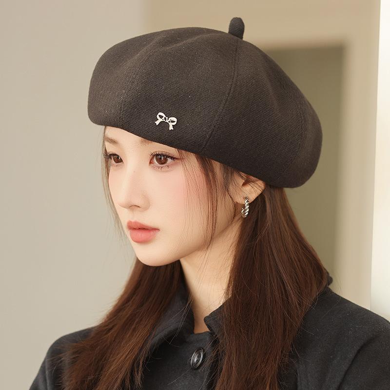 Korean Casual Bow Beret Women's Autumn and Winter New Style Face-showing Small Pumpkin Hat Warm and Versatile Octagonal Bud Hat