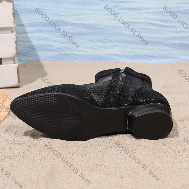 Móda 2025 Kotníkové boty na nízkém podpatku Podzimní Nové Špičaté Špičky Boční Zip Panelová Síťovina Prodyšné Kamínky Protiskluzové Jednoduché Boty