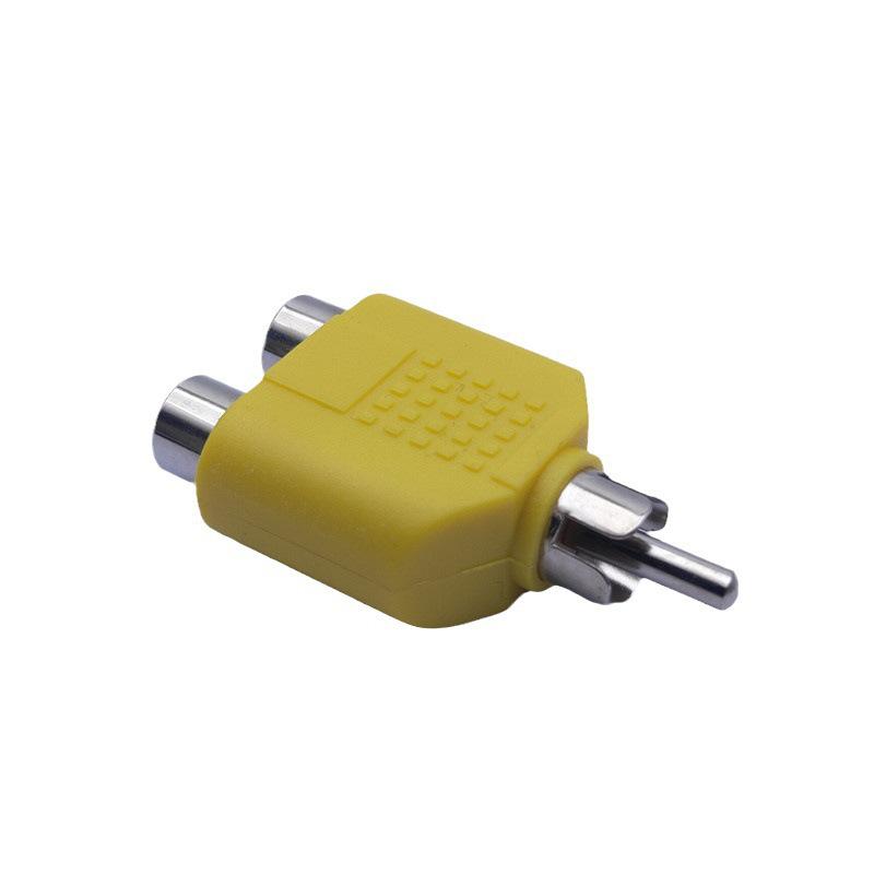 Nickel-plated RCA 1-to-2 4-color audio adapter, vibrant RCA male to dual RCA female converter.