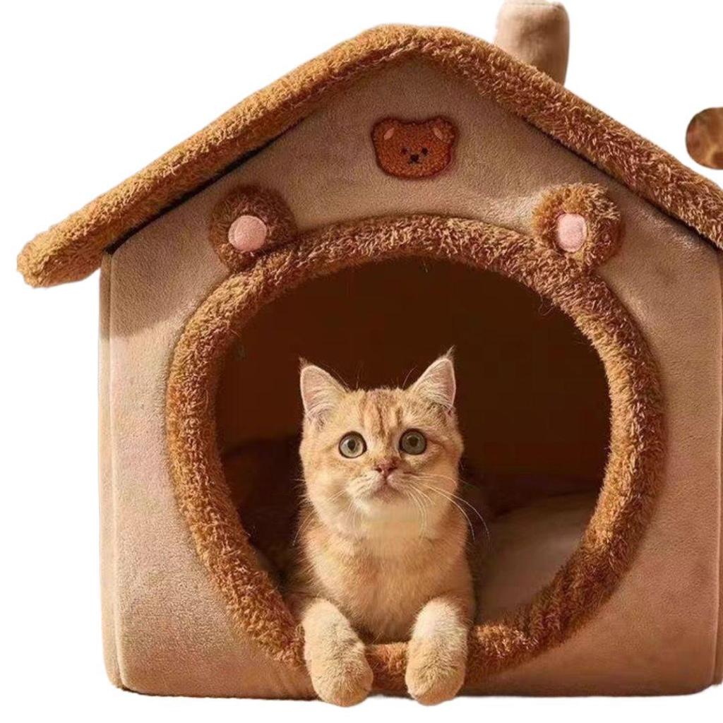 Washable House-Shaped Dual-Use Cat & Small Dog Bed with All-Season Cushion