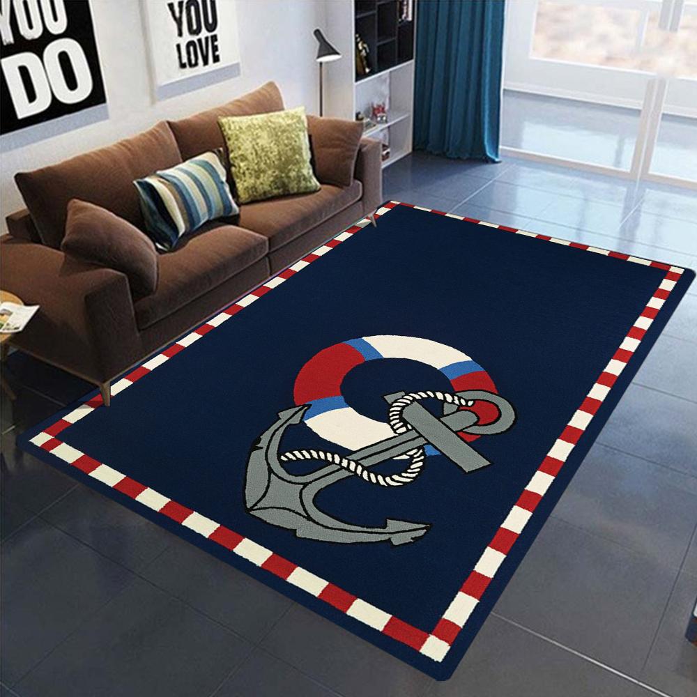Nautical Theme Floor Mat, Various Marine Patterns Like Anchor Ship Wheel and Lighthouse Home Decor Non Slip Carpet