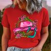 Polyester 100% Cowgirl Hat & Roses Print T-Shirt T-shirt - Casual Crew Neck Short Sleeve T-shirt, Knit Graphic Women Clothes Summer