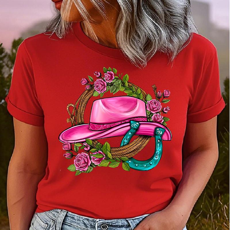 Polyester 100% Cowgirl Hat & Roses Print T-Shirt T-shirt - Casual Crew Neck Short Sleeve T-shirt, Knit Graphic Women Clothes Summer