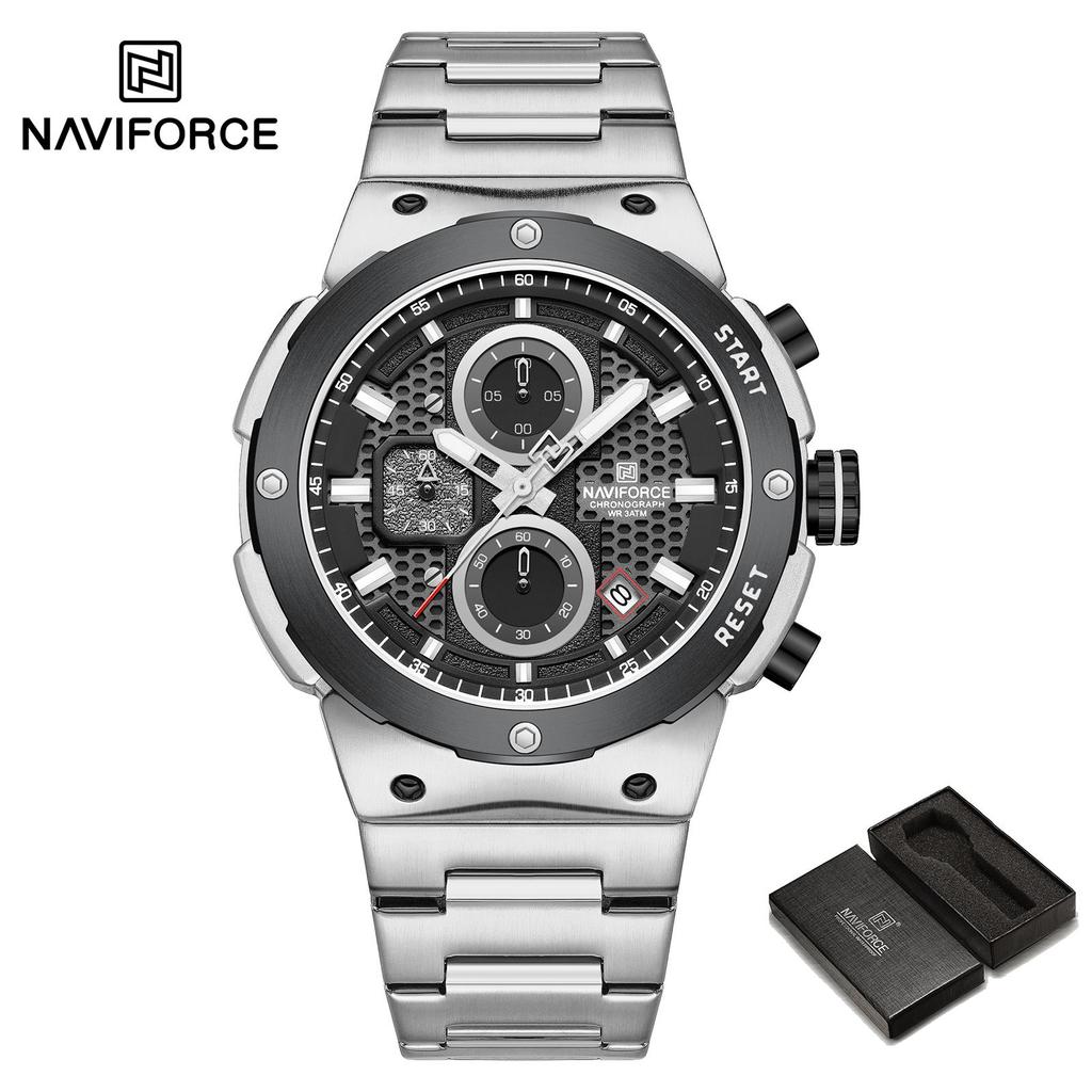Naviforce Męski Zegarek Kwarcowy Wskazówkowy Stoper Chronograf Wodoodporny Pasek Ze Stali Nierdzewnej Kalendarz Luminescencyjny Męski Chłopięcy Modny Zegarek Casualowy NF8072