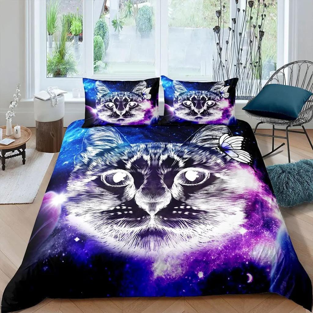 Rainbow Cat Butterfly Duvet Cover Three-Piece Set Watercolor Galaxy Outer Space Bedding Set With Pillowcase