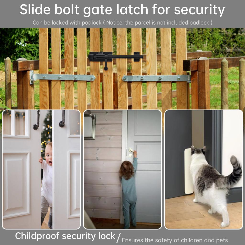 304 Stainless Steel 6-12 Inch Barrel Bolt Latch 10mm Thick Padlock Hole Black Heavy Duty Includes 6 Screws Universal Door Window Cabinet