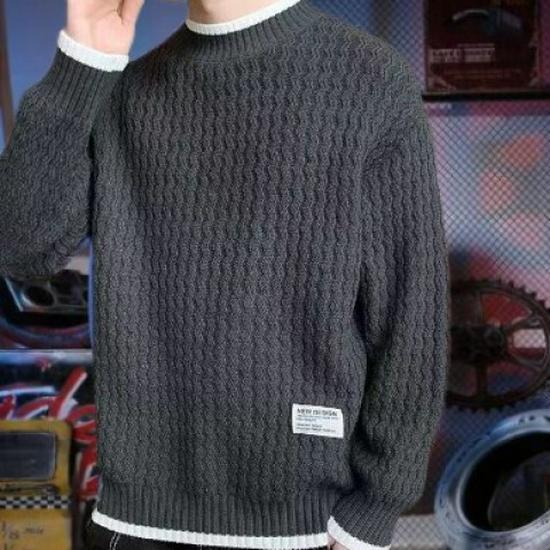 

Men s Winter Faux Two-Piece Wavy Pattern Sweater - Half-High Collar, Casual Loose Knit with Plus Velvet Lining. L сірий колір