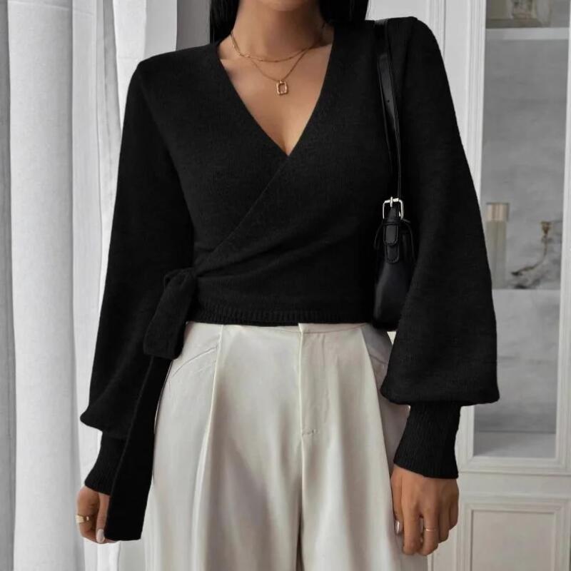Elegante Kurzstrickware Damen Kreuz-V-Ausschnitt Basisschicht Herbst Winter Unregelmäßiges Binden Verdickt Langarm Laternenärmel Oberteil