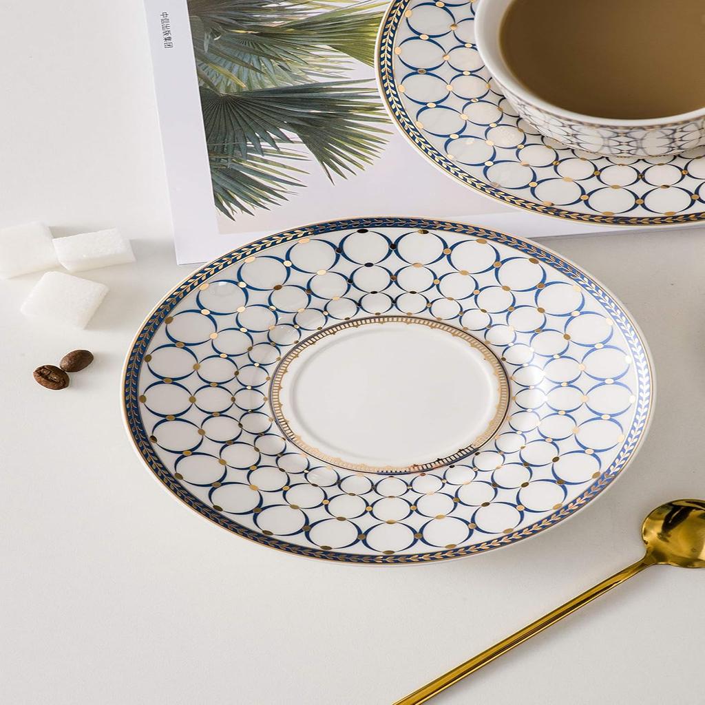 Sada šálků z bílého zlata v evropském stylu, 6,8 oz (192 ml) šálek na čaj z kostního porcelánu se lžičkou - Moderní design pro espresso, cappuccino