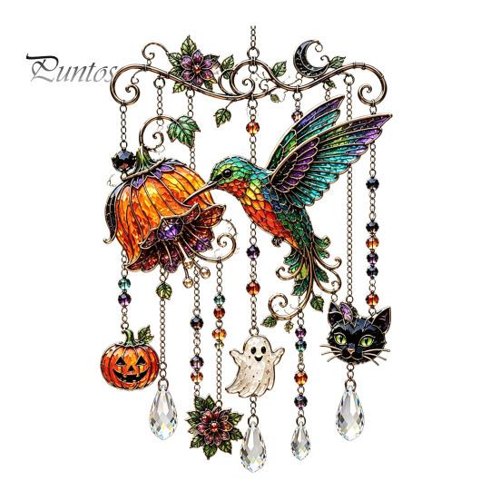 Whimsical Bat And Black Cat Decor Halloween Acrylic Wind Chime Pendant, Crystal Suncatcher Hanging Ornaments, Decorative Chimes Outdoor Window