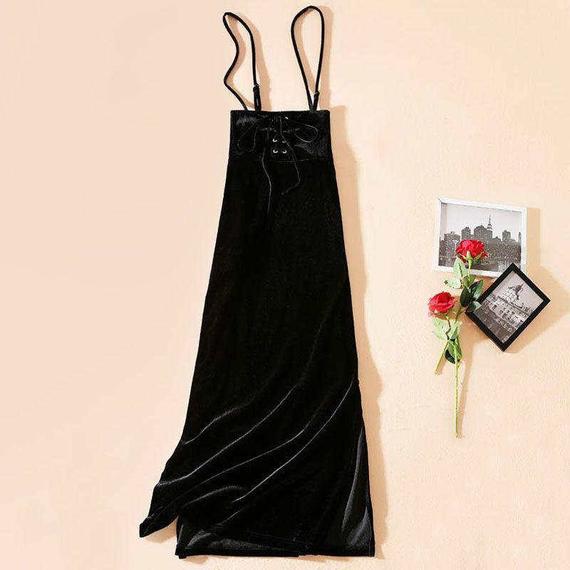 

Gold Velvet Slim-Fit Slim Looking High Waist Slit Suspender Skirt Black S