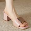 Fashion Buckle Slippers Women's Summer Shoes Pink White Mules Genuine Leather Block Heels Party Shoes Ladies Sandals Large Size