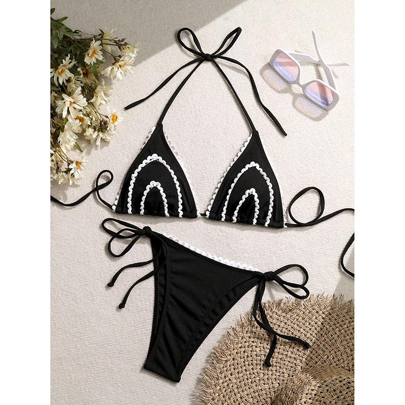 

Сексуальное вязаное крючком бикини женское черно-белое плетеное пэчворк пуш-ап микро купальник бразильский купальник с завязками по бокам стринги купальник XL чёрный