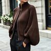 Women's Fall Winter Cropped Zip-Up Knit Cardigan with High Stand Collar, Sleeves and Fabric
