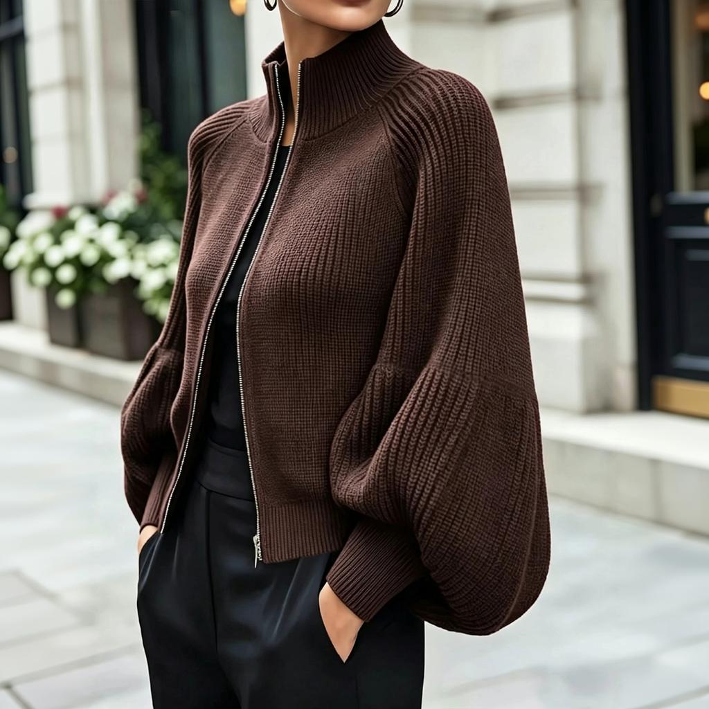 Women's Fall Winter Cropped Zip-Up Knit Cardigan with High Stand Collar, Sleeves and Fabric