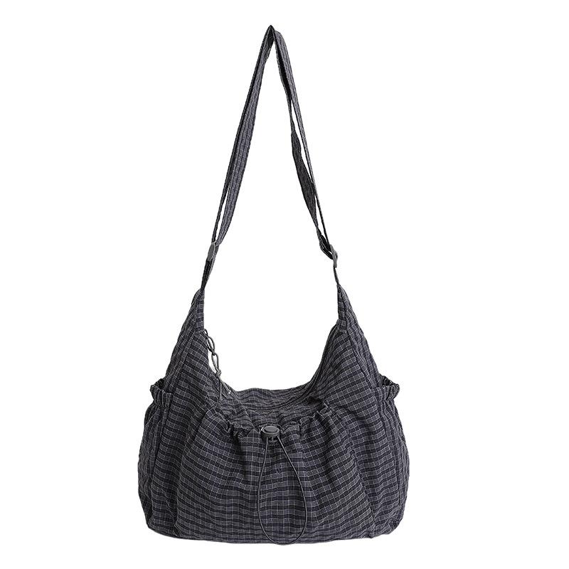 Składana torebka damska z regulowanym paskiem crossbody/na ramię i plisowanym designem z wieloma kieszeniami - Szkolna torba na książki w kratkę i paski
