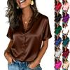Womens Satin Blouse Short Sleeve Silk Tops Button Down Shirts Business Casual Outfits