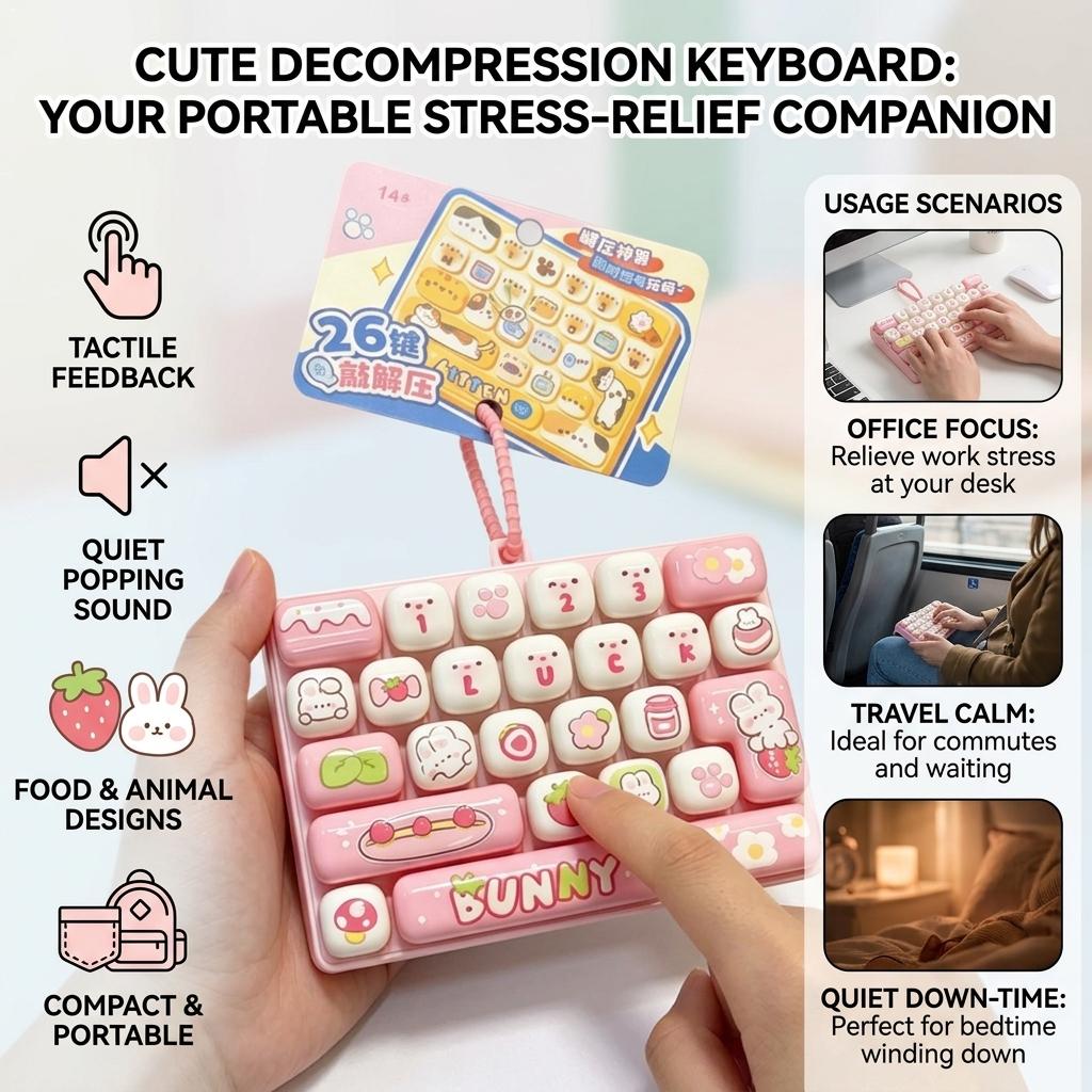 Cute 26 Grids Stress Relief Keyboard Keychain Animal Diary Desktop Decor Student Bag Ornament Toy Creative Gift Simulation