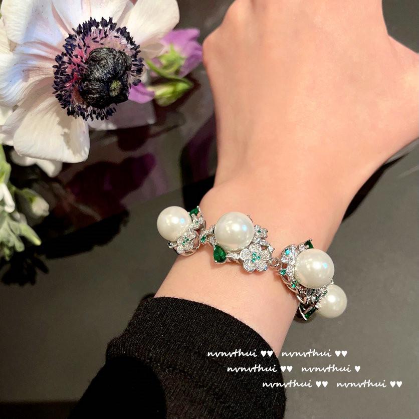 Austrian Flower Gem Pearl Bracelet, Tahitian Rainbow Zircon Sea Bead Necklace, Barbie Pink Earrings.