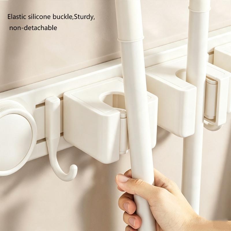 Sliding Rail Cleaning Tool Holder, Wall-Mounted Suction Rack with Integrated Hanging Feature for Mops, Glass and Smooth Tile