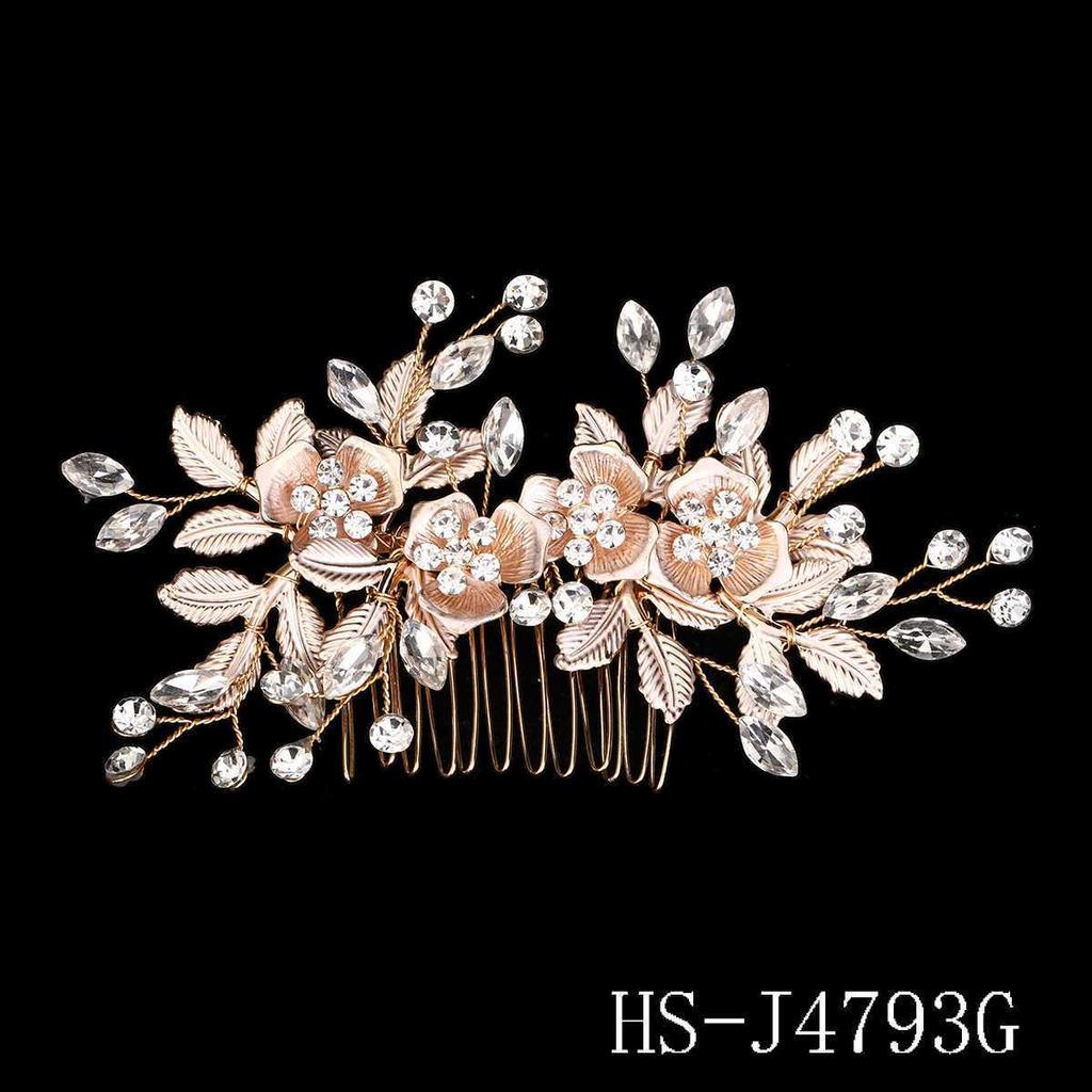 Handgefertigter Braut-Haarkamm mit Perlen, Strass und Blumen mit Blättern