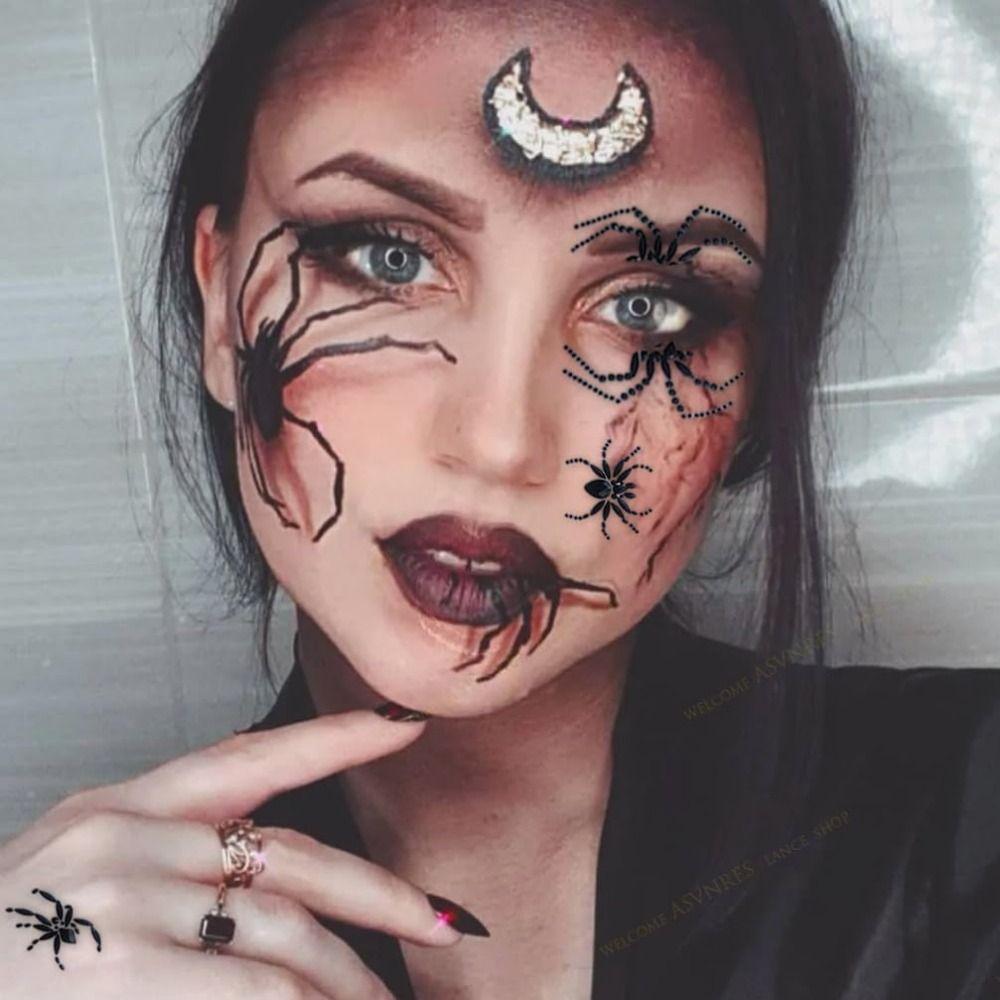 Black Halloween Temporary Tattoos 3D Halloween Face Rhinestone Sticker Festive