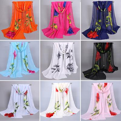 Women Wrap Shawl Rose Flower Printed Sheer Chiffon Scarf