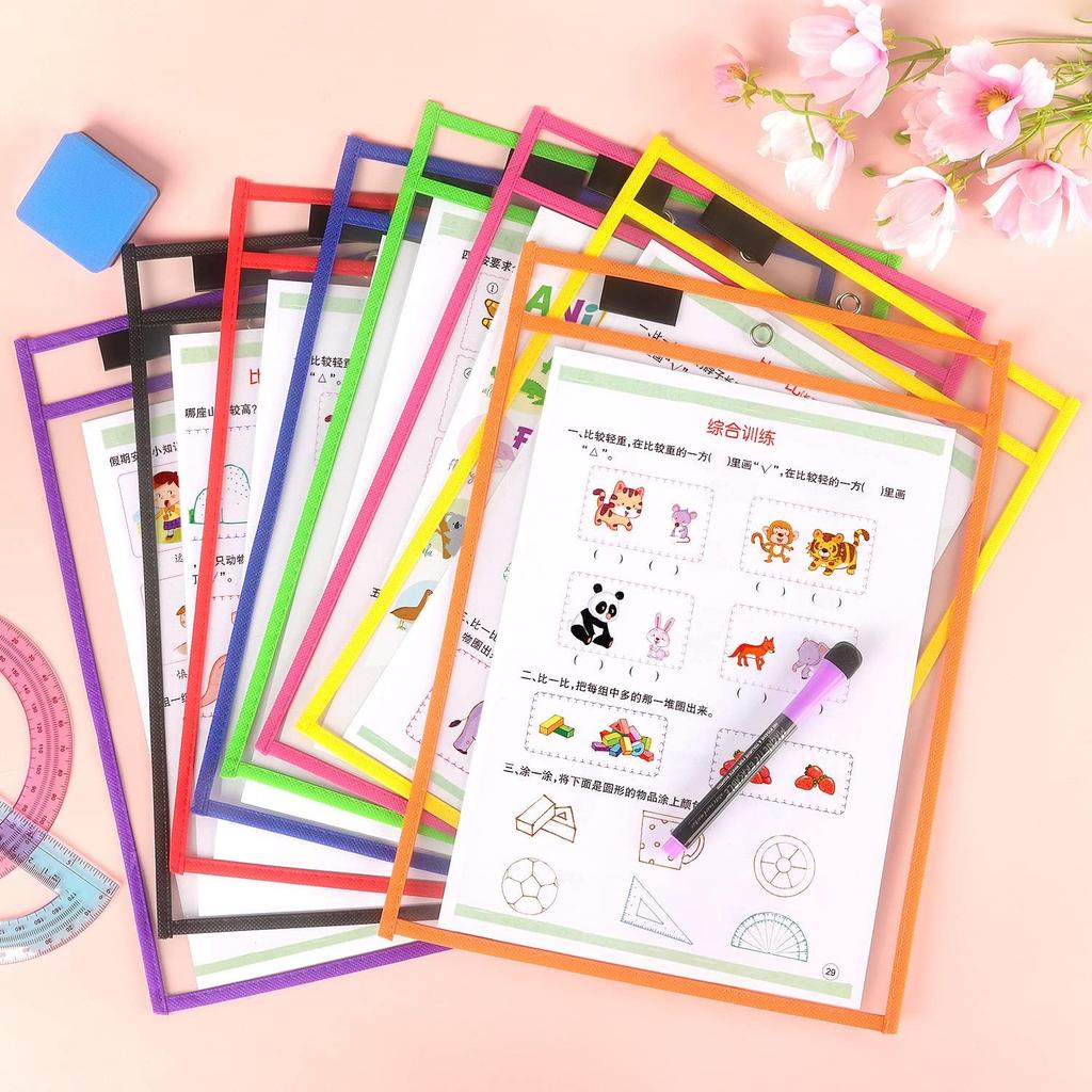 Tamaki 8 Pack Dry Erase Pockets Sleeves with Rings, 10 x 14 Inch Ticket Holders Clear Plastic Sheet Protectors for Teacher Classroom Supplies, 8