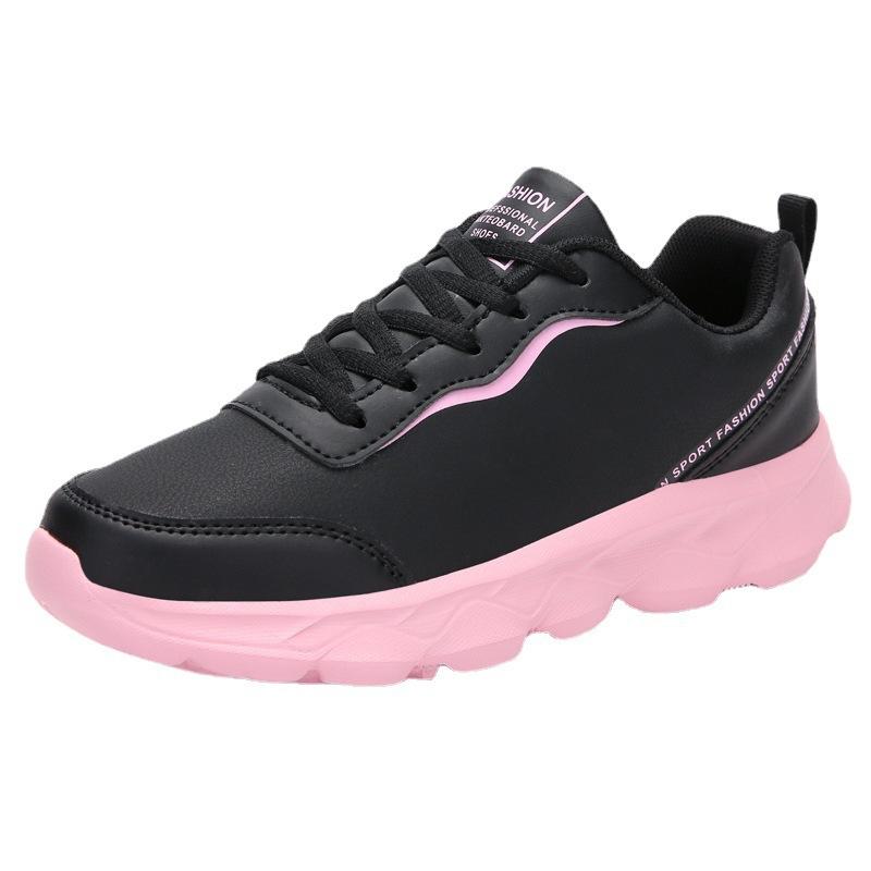 Four Seasons Leather Running Shoes Women'S Flat-Bottomed Casual Sneakers Korean Edition Travel Shoes Tide Single Shoes Soft-Soled Shoes Large Size 42