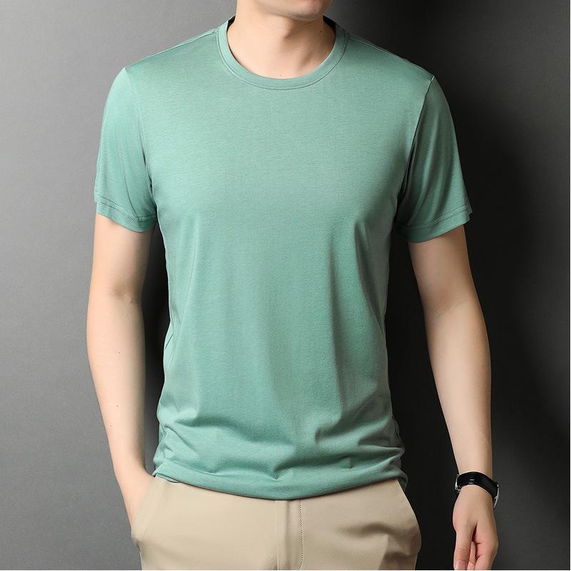 Round Neck T-shirt Men's Summer Thin In Green In Stock Straight Young and Middle-Aged Solid Color Casual T-shirt