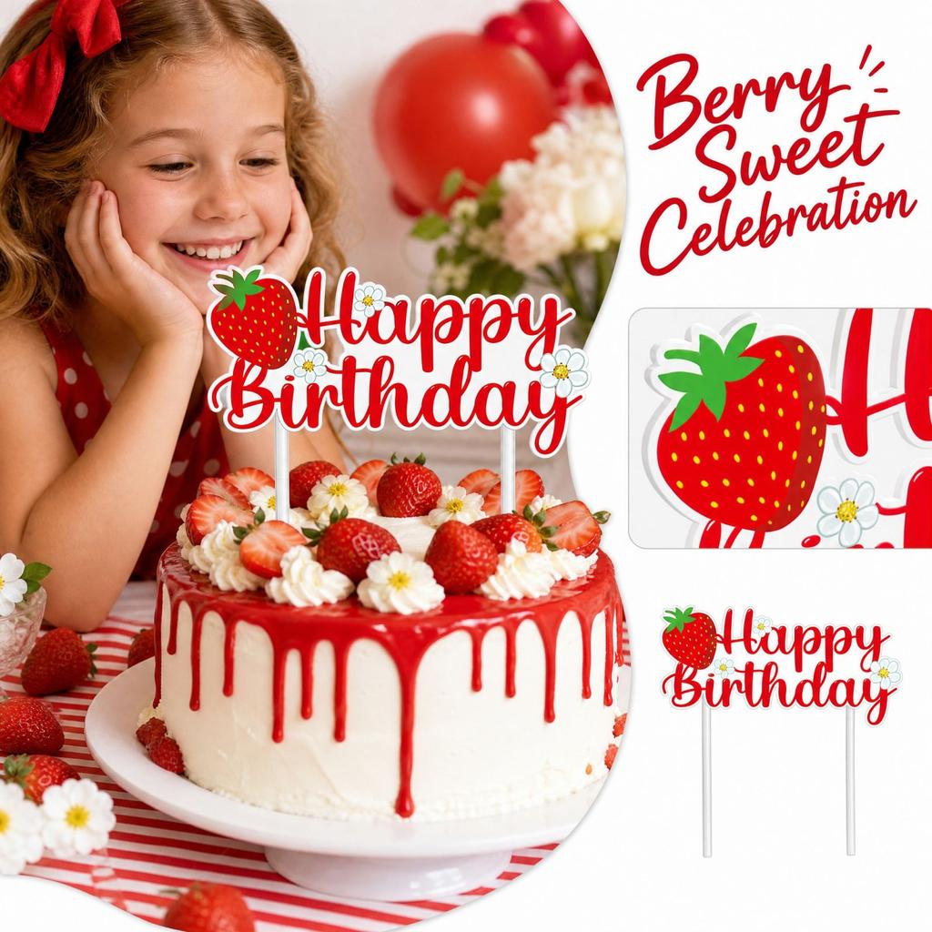 Strawberry Themed Birthday Party Topper Decoration for Dessert