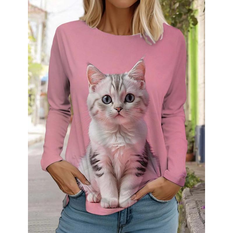 Cute Cat Women's Long Sleeves T-Shirt Round Neck Autumn Animal Clothing Holiday Fashion Party Top