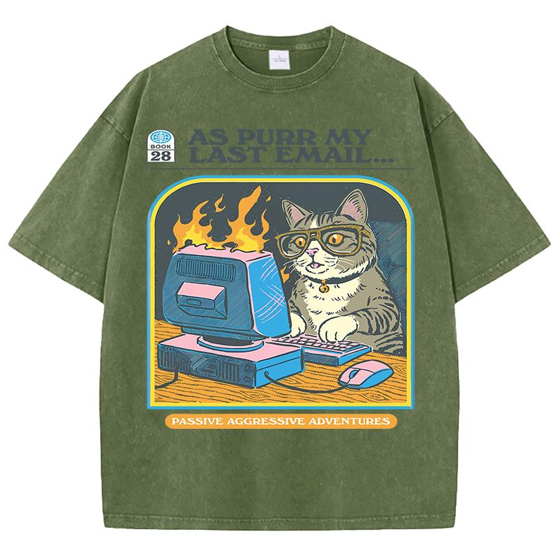 Cat Playing Computer GamesPrint Snow Wash T Shirt Man Unisex Washed Tees Casual Shortwear Soft Breathable Cotton Clothes