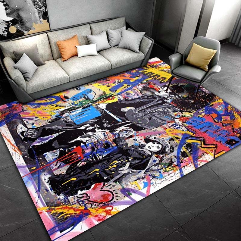 Colorful Abstract Street Art Style Rug with Urban Figures and Graffiti Suitable for Use As an Anti-slip for Living Room Bedroom Sofas