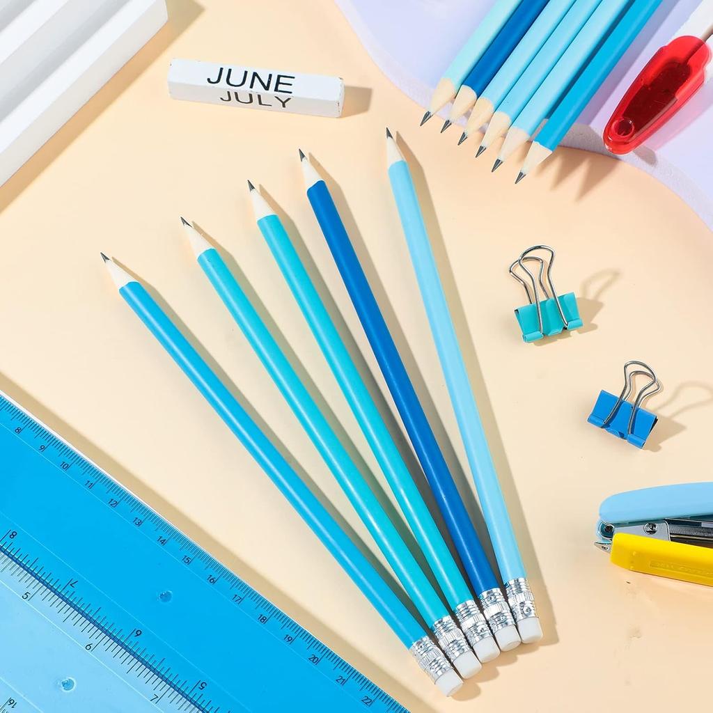 CHENGU 36 Pack Coastal Blue Pencils with Eraser Unsharpened Fun Cute Erasable Checking Wooden Summer Pencils for Adults Office Drawing Sketching
