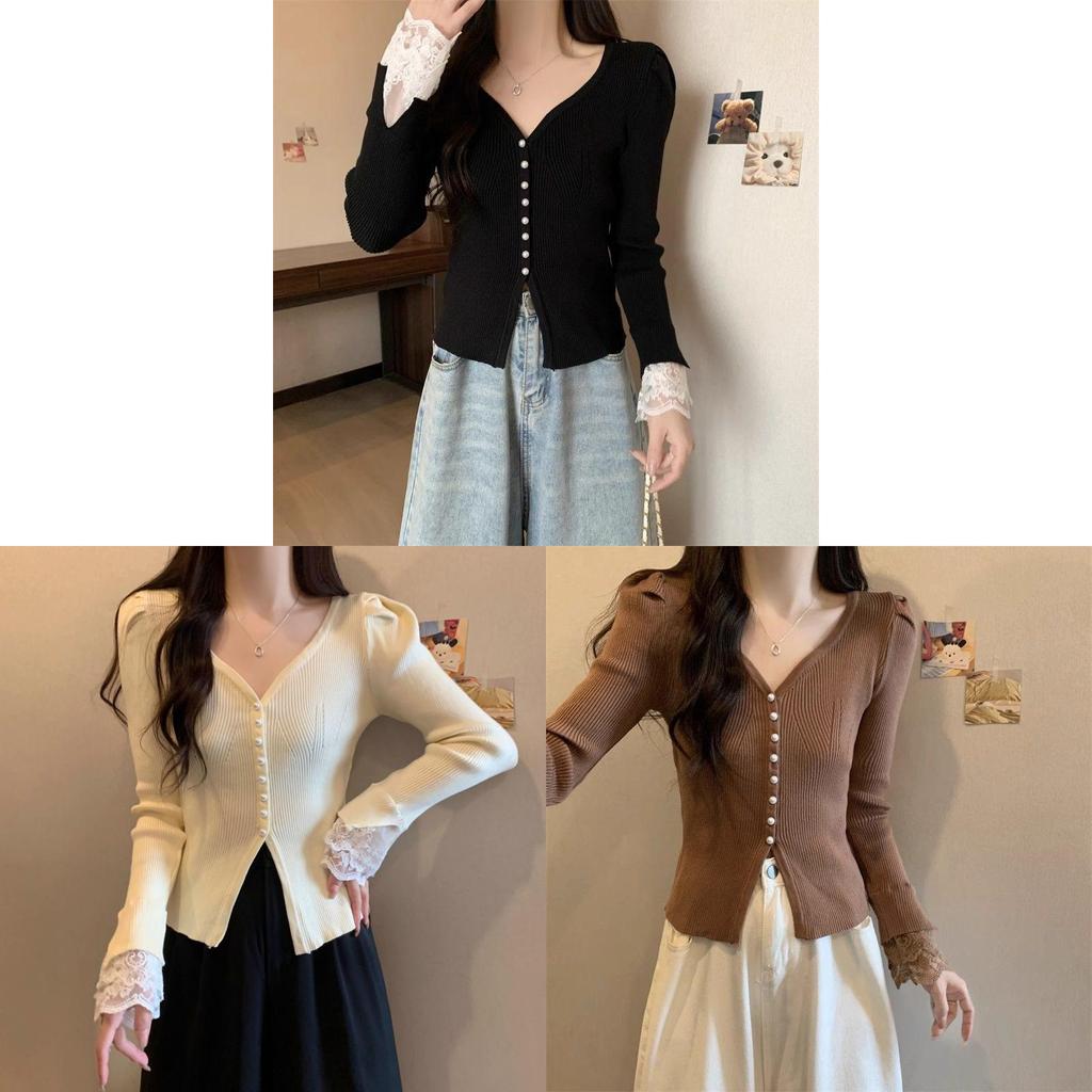 Private Lady Knit Cardigan With Lace Splicing And Princess Sleeves For Spring Wear