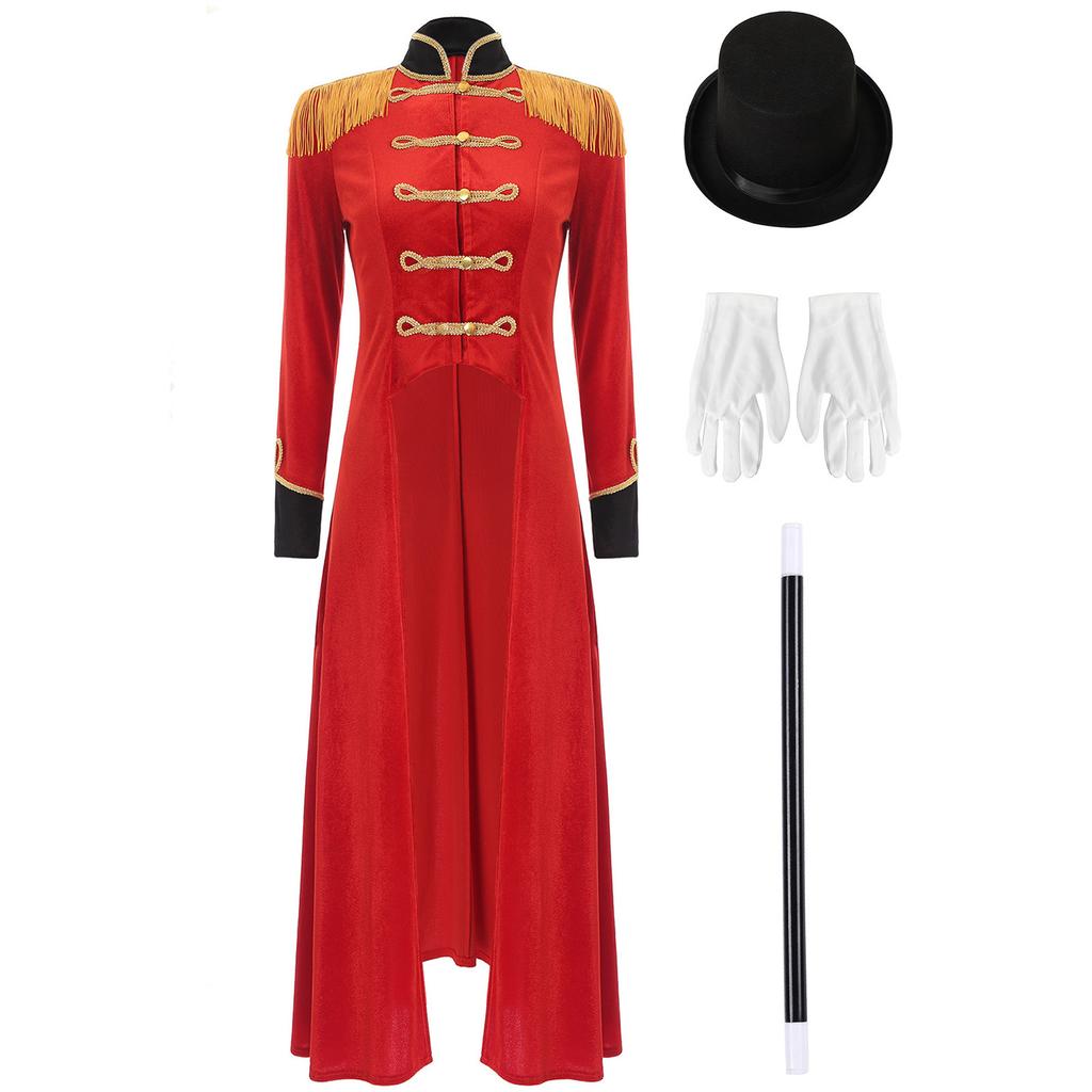 Costume da Domatore di Circo da Donna con Spallina a Frange Giacca Lunga di Velluto con Code e Cappello Bacchetta Guanti per Halloween Spettacolo di Magia